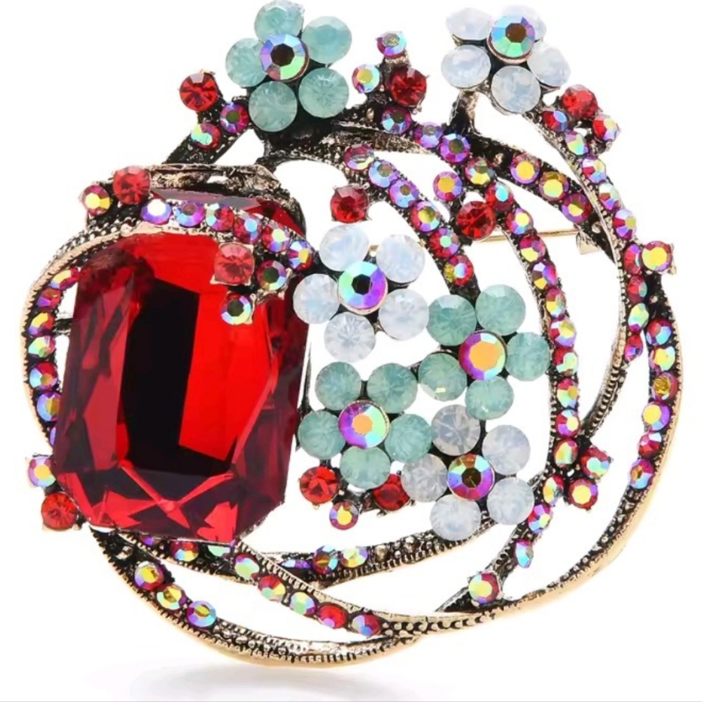 Elegant Goldplated Faux Ruby Red Floral Multicolored CZ Embellished Brooch